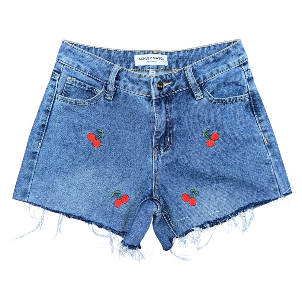 Cherry Embroidered Cutoff Denim Jean Shorts Mid Rise Women’s 25 Festival Y2K